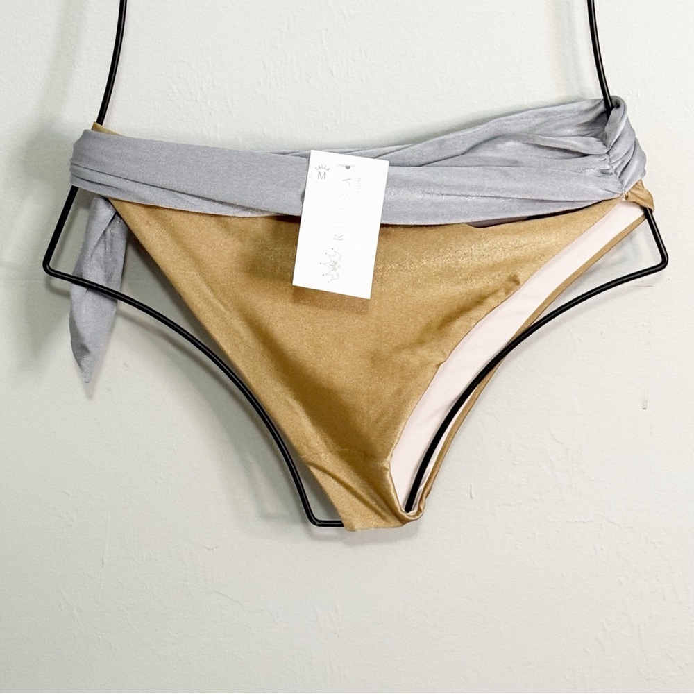 New REINA OHM Women’s Black Gold Tie Waist Swimsuit Bottom Cheeky Cut Sz Medium